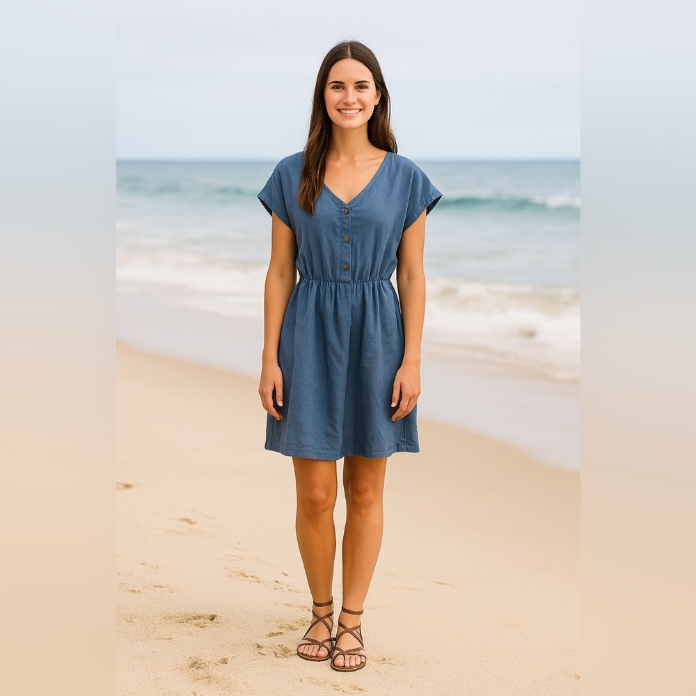Blue V‑Neck Button Mini Dress